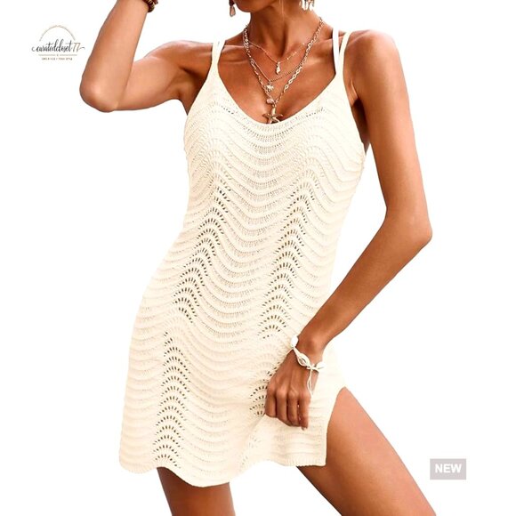 Large Slim Fit Crochet Swimsuit Cover Up Sheer Beach Dress Polyester
